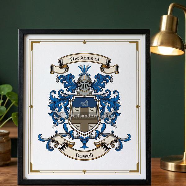 The Powell arms on the framed, black wood