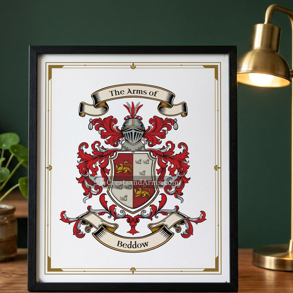 The Beddow arms on the framed, black wood
