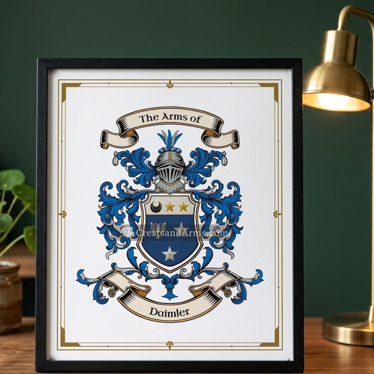 The Daimler arms on the framed, black wood
