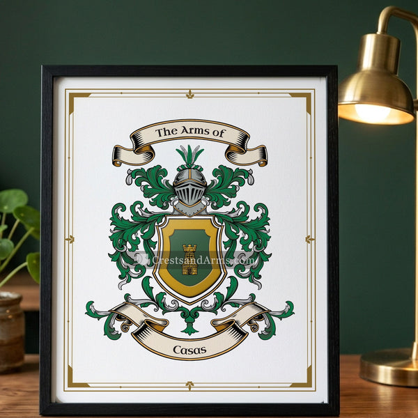 The Casas arms on the framed, black wood