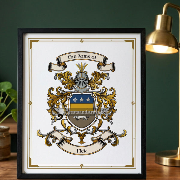 The Fick arms on the framed, black wood