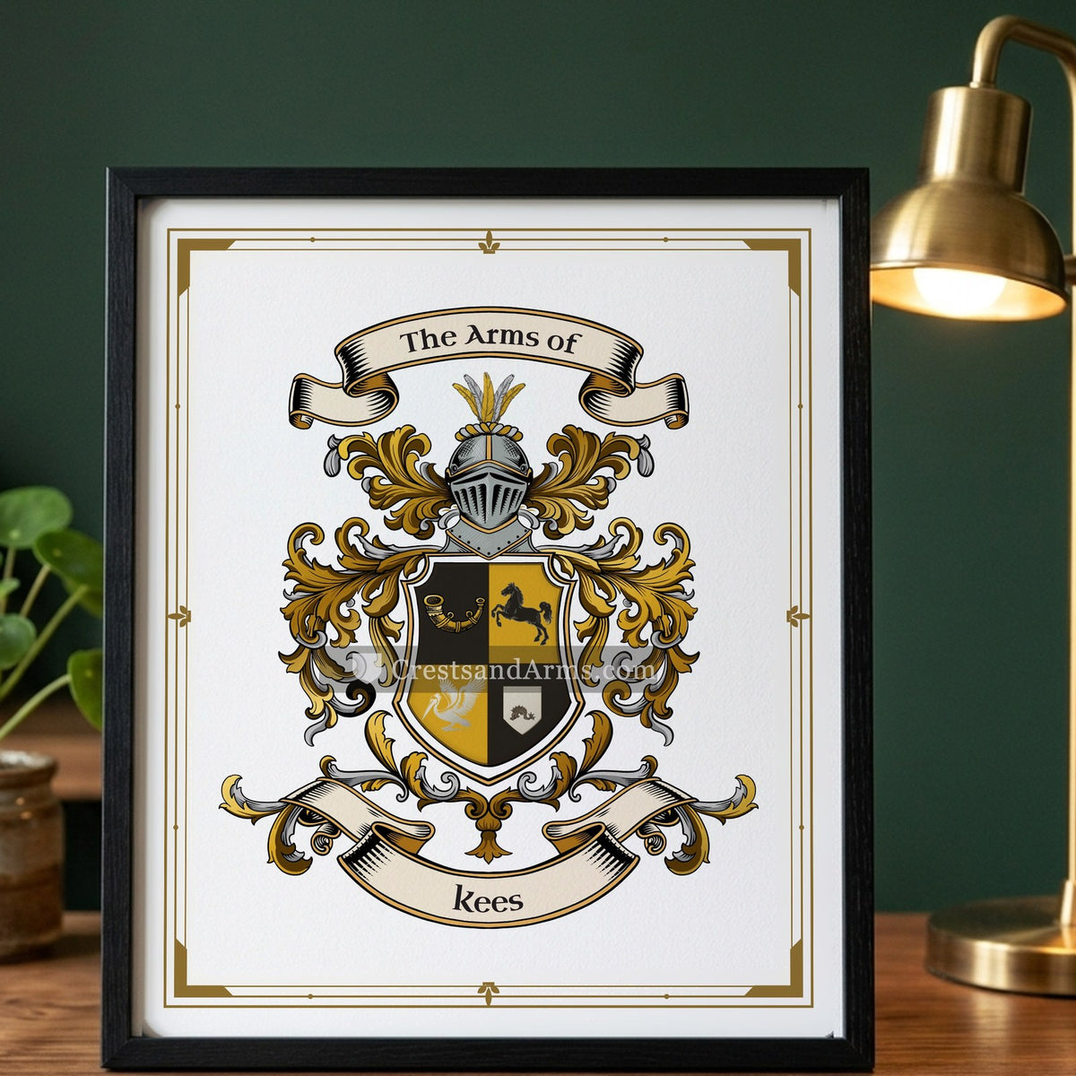 The Kees arms on the framed, black wood