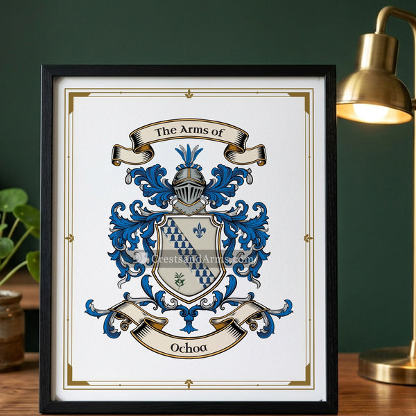 The Ochoa arms on the framed, black wood