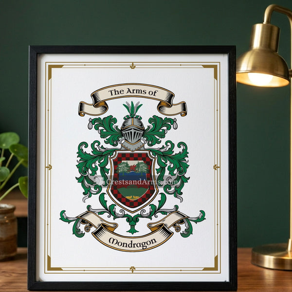 The Mondragon arms on the framed, black wood